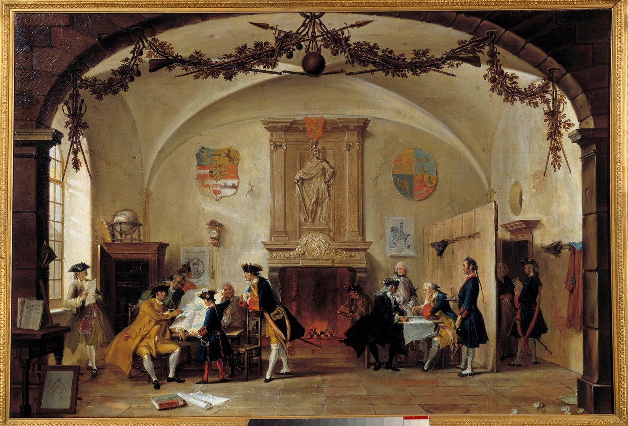 Allegoria sodasta Ranskaa vastaan Hollantilaiset sotilaat tutkivat strategioita Espanjan peräkkäissodan (1701-1714) aikana Ranskan ja Espanjan sekä Englannin, Alankomaiden ja Preussin muodostaman liittouman välillä. Cornelis Troostin (1697-1750) maalaus 17 tekijältä Cornelis Troost