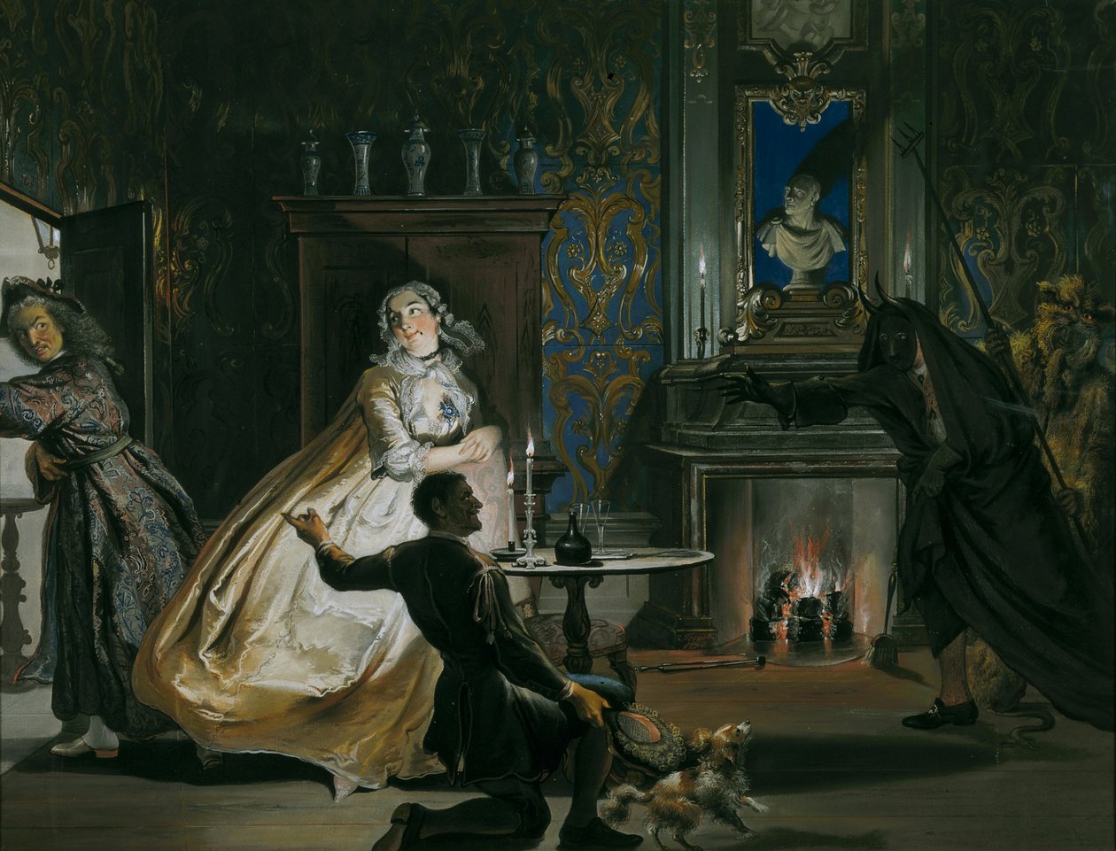 Kapteeni Ulrich tai ahneus estetty: naamioitunut, Godefroy ja hänen palvelijansa laittoivat kapteeni Ulrichin lentoon, 1738 tekijältä Cornelis Troost