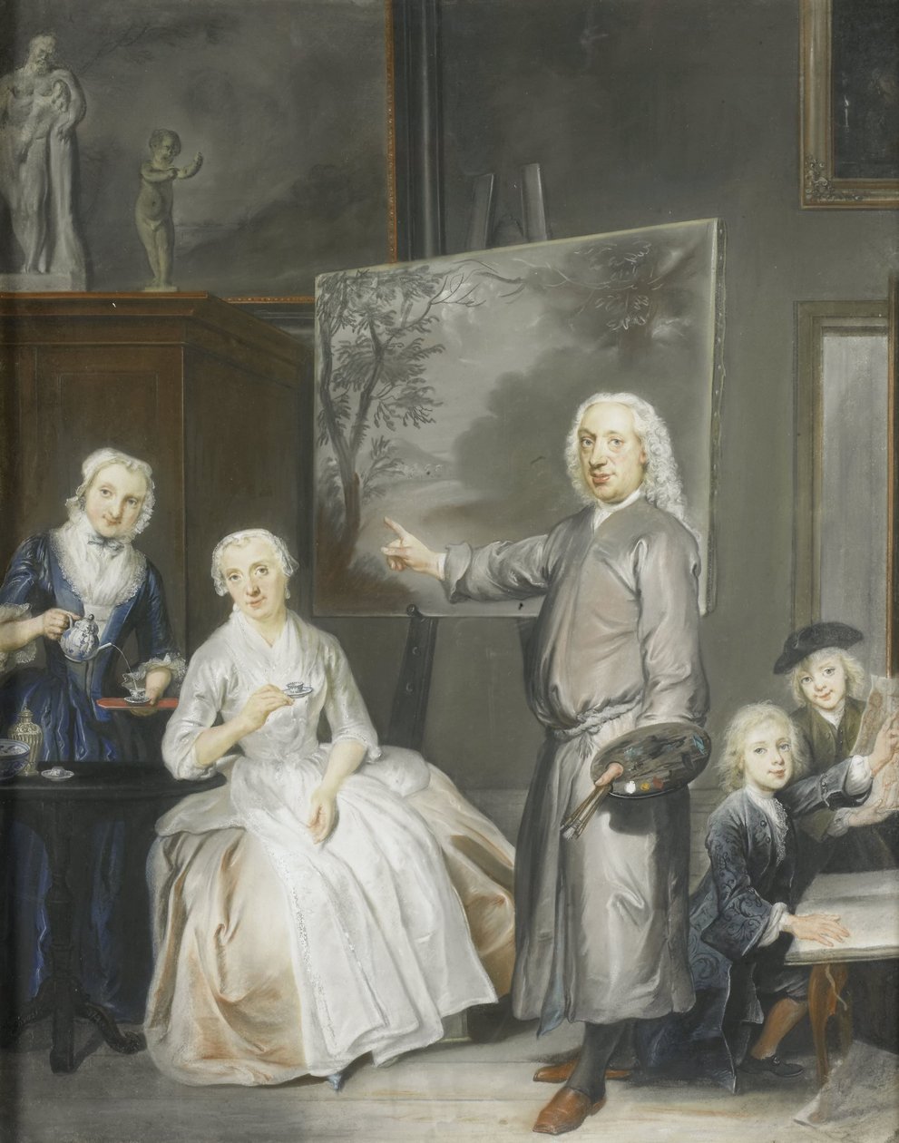 Maisemamaalari Dirk Dalens III (1688-1753) toisen vaimonsa Maria Schaackin (k. 1766) ja lasten Annan (s. 1725), Willemin (1737-60) ja Jacobuksen (1741-63) kanssa tekijältä Cornelis Troost