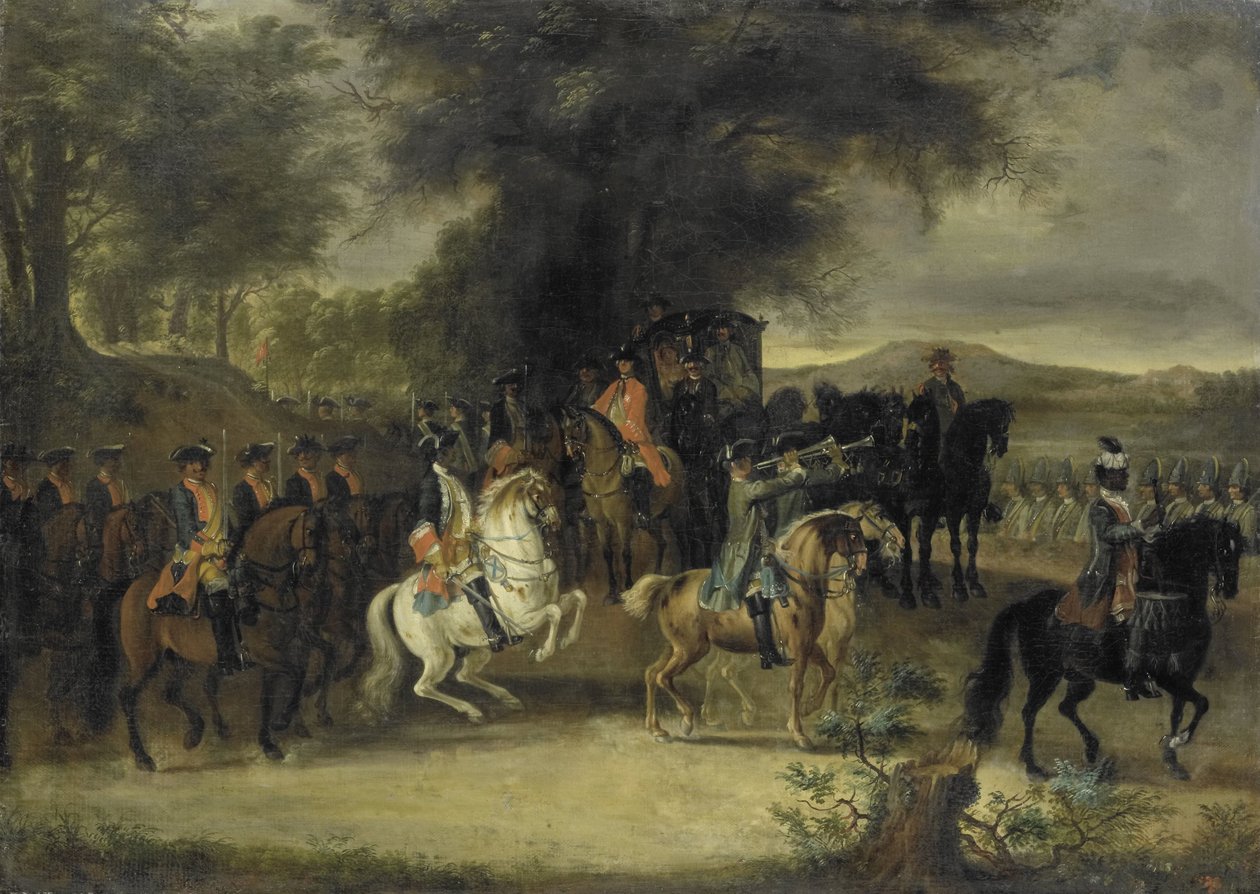 Ratsuväkirykmentin tarkastus, ehkä William Hessen-Homburgilainen tekijältä Cornelis Troost