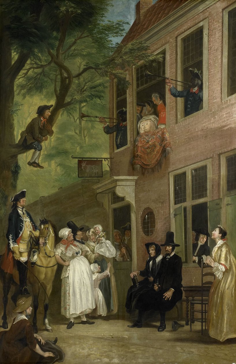 Harhaan johtanut: The Ambassador of the Rascals paljastaa itsensä "t Bokki Tavernin ikkunasta Haarlemmerhoutissa, n. 1739 tekijältä Cornelis Troost