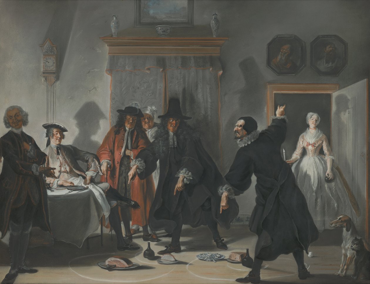 Matemaatikot tai nuori nainen, joka pakeni: Tohtori Raasbolliuksen ja Urinaalin välinen kiista, 1741 tekijältä Cornelis Troost