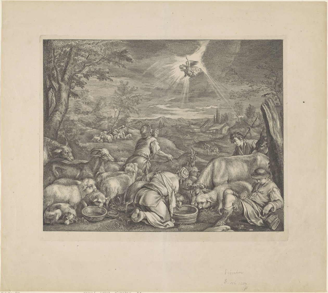 Abraham lähtee Sikemiin / Ilmoitus paimenille Royal Bible (sarjan nimi) tekijältä Cornelis Visscher (II)