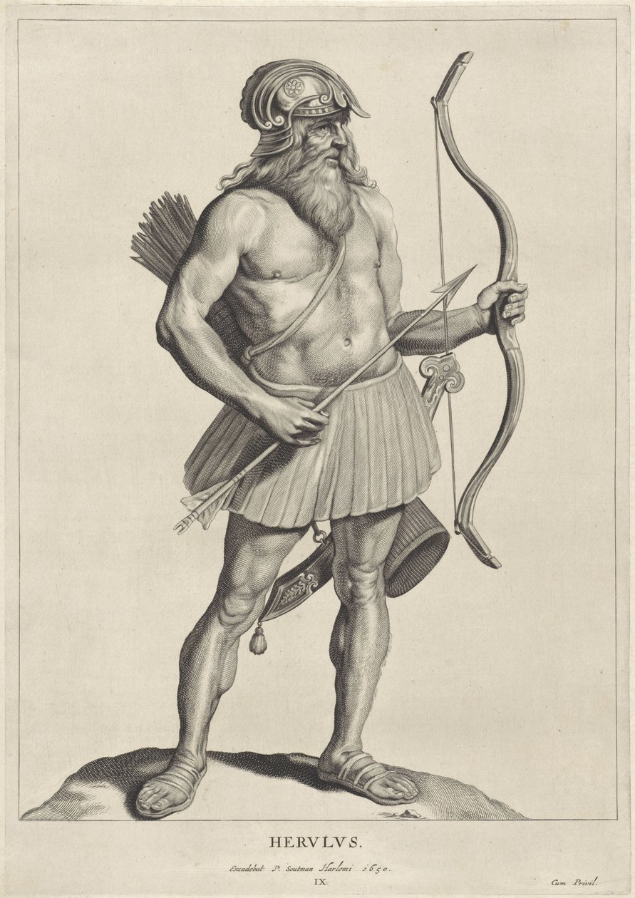 herulilainen Herulus (otsikko objektissa) Oude hier woonachtige volken (sarjan nimi) Peplus eli gootit, vandaalit, švaabit, herulit, gepidit, markomannit ja muinaiset nelinkertaiset kuvat muinaisista monumenteista ja Marcus Zuerius Boxhorniuksen museosta ( tekijältä Cornelis Visscher (II)