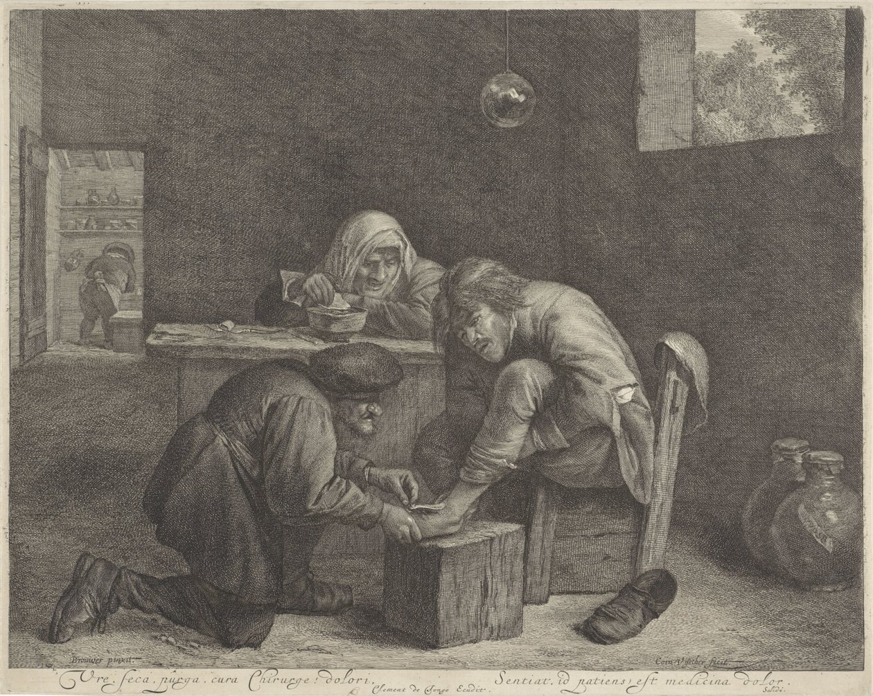 Mies lääkärissä Rauha, seca, purga, cura Kirurgi! dolori (otsikko esineessä) tekijältä Cornelis Visscher (II)