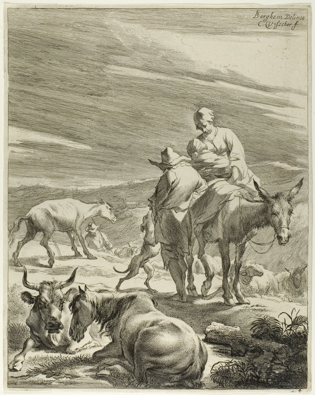 Äiti ja aasin selässä ratsastava lapsi, levy 4 teoksesta Four Landscapes (Neljä maisemaa). tekijältä Cornelis Visscher