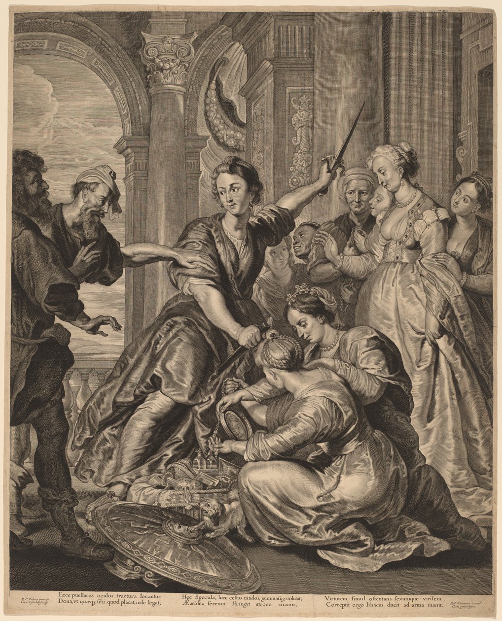 Akhilleus Lycomeden hovissa tekijältä Cornelis Visscher after Sir Peter Paul Rubens, published by Pieter Claesz Soutman