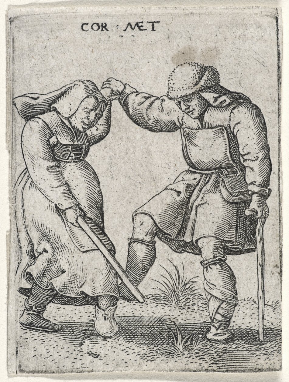 Mies, jolla on sidottu jalka, tanssii naisen kanssa, 1572 (kaiverrus paperille) tekijältä Cornelis after Massys