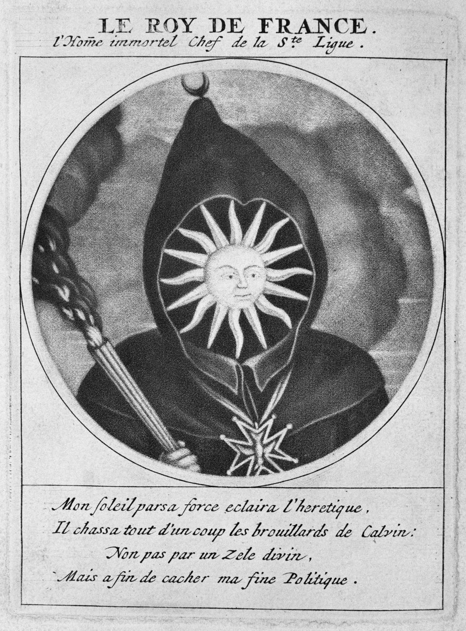 Protestanttinen karikatyyri kuningas Ludvig XIV:stä (1638-1715), kuva Les Heros de La Liguesta tai La Procession monacalesta, jota johti Ludvig XIV, hänen valtakuntansa, Pariisin, protestanttien kääntymisestä tekijältä Cornelis and Gole, Jacob Dusart