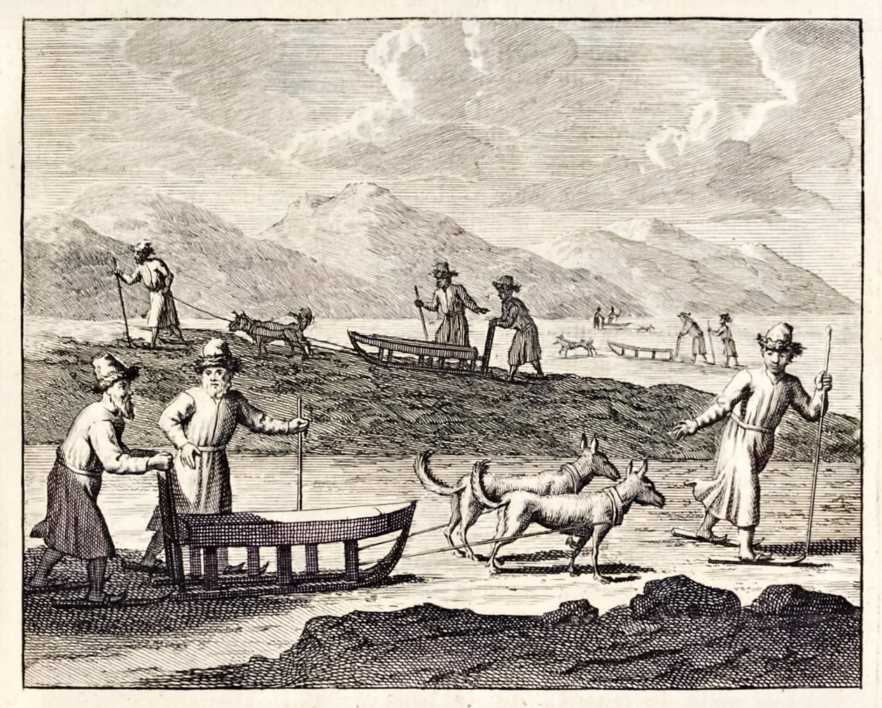Venäläiset matkustavat koiravaljakoilla Siperiassa.”, Voyages de Corneille le Brunista. 1718 tekijältä Cornelis de Bruyn