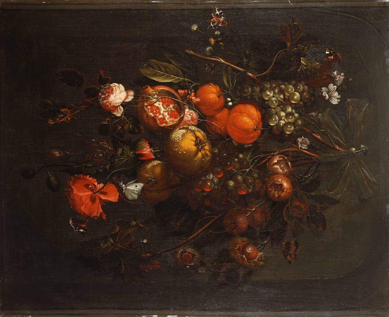 Hedelmä- ja kukkakimppu, joka roikkuu kynsissä nichessä tekijältä Cornelis de Heem