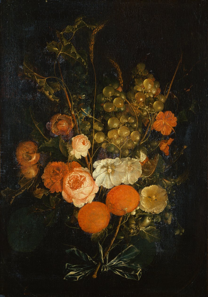 Nippu ruusuja, neilikoita, appelsiineja, viinirypäleitä, tammenterhoja ja kastanjoita (öljy kankaalle) tekijältä Cornelis de Heem