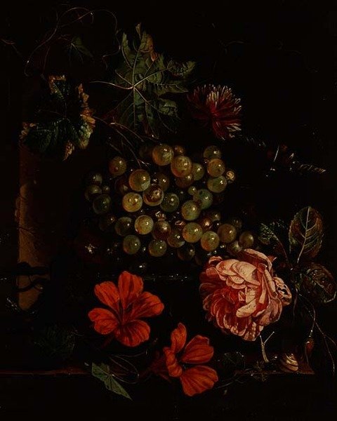 Viinirypäleet ja kukat kovakuoriaisen, etanan ja liskon kanssa tekijältä Cornelis de Heem