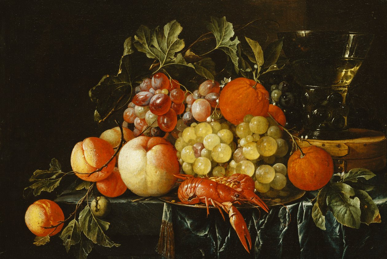 Persikat, appelsiinit, viinirypäleet ja langoustinet tinalautasella ja kartiomainen roemer laatikossa osittain päällystetyllä reunalla, tekijältä Cornelis de Heem