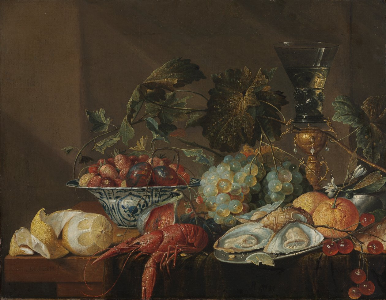 Asetelma, jossa on rapuja, ostereita ja hedelmiä, 1600-luvun loppu tai 1700-luvun alku (öljy kankaalle). tekijältä Cornelis de Heem