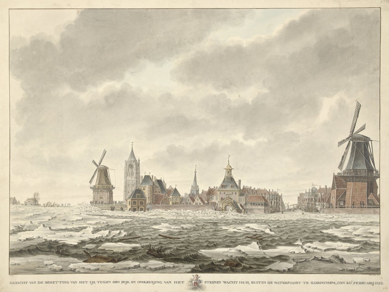 Näkymä jään miehittämisestä Waterpoortin ulkopuolella Gorinchemissa, 20. helmikuuta 1799 tekijältä Cornelis de Jonker