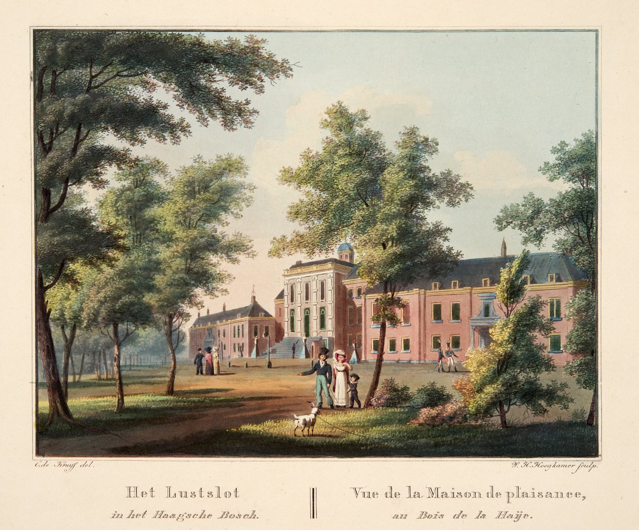Het Lustslot in het Haagsche Bosch. Näkymä huvitaloon, Haije Wood, 1825 (käsin väritetty kaiverrus). tekijältä Cornelis de Kruyff