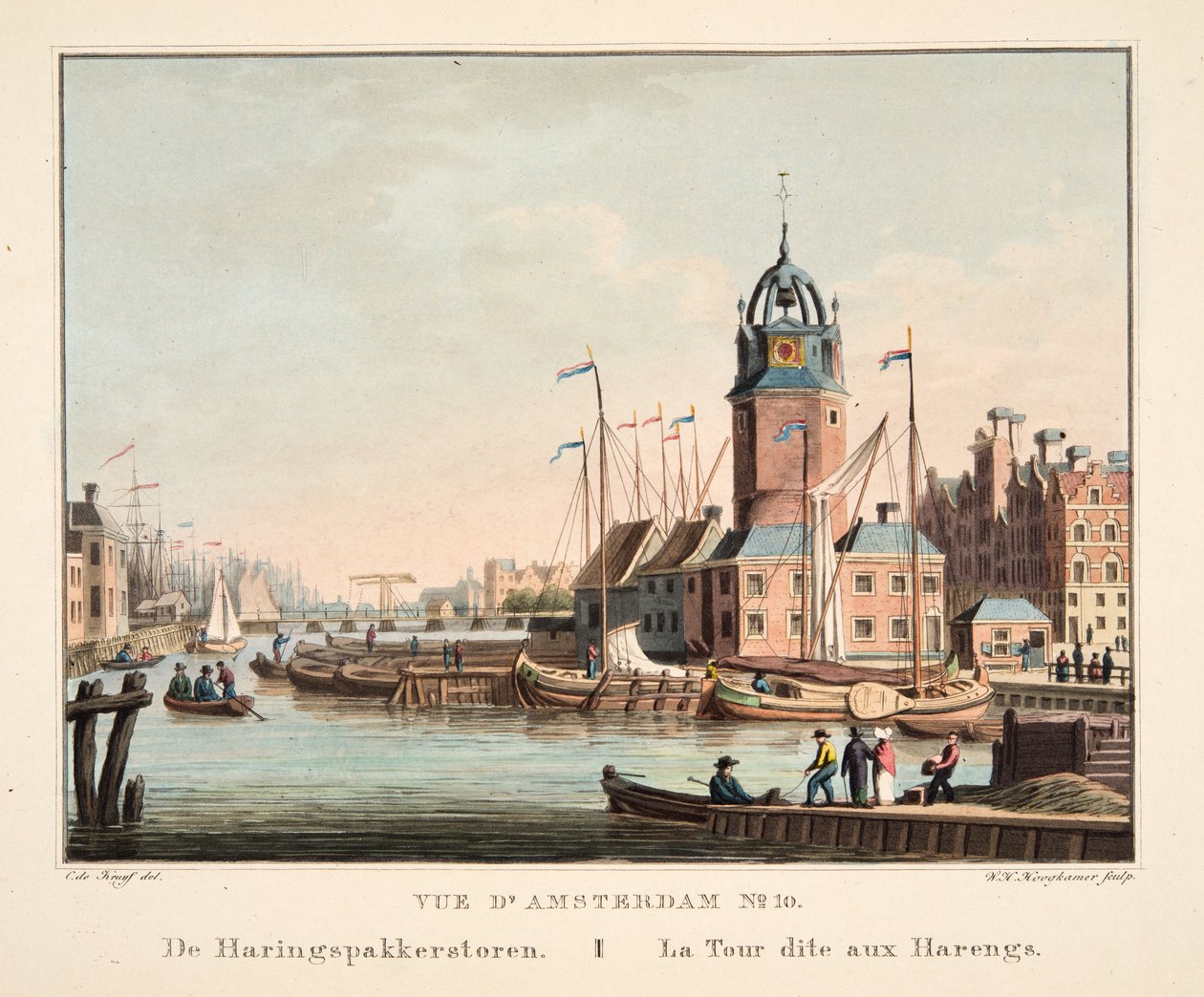 Näkymä Amsterdamiin nro 10. Haringspakkerstorenista. La Tour dit aux Harengs, 1825 (käsinvärinen kaiverrus) tekijältä Cornelis de Kruyff