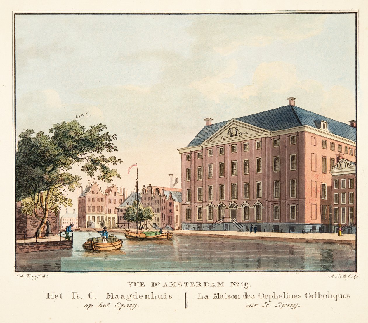 Näkymä Amsterdamiin nro 19. Het R.C. Maagdenhuis op het Spuij. Katolisten orpojen talo Spuijilla, 1825 (käsinvärinen kaiverrus) tekijältä Cornelis de Kruyff