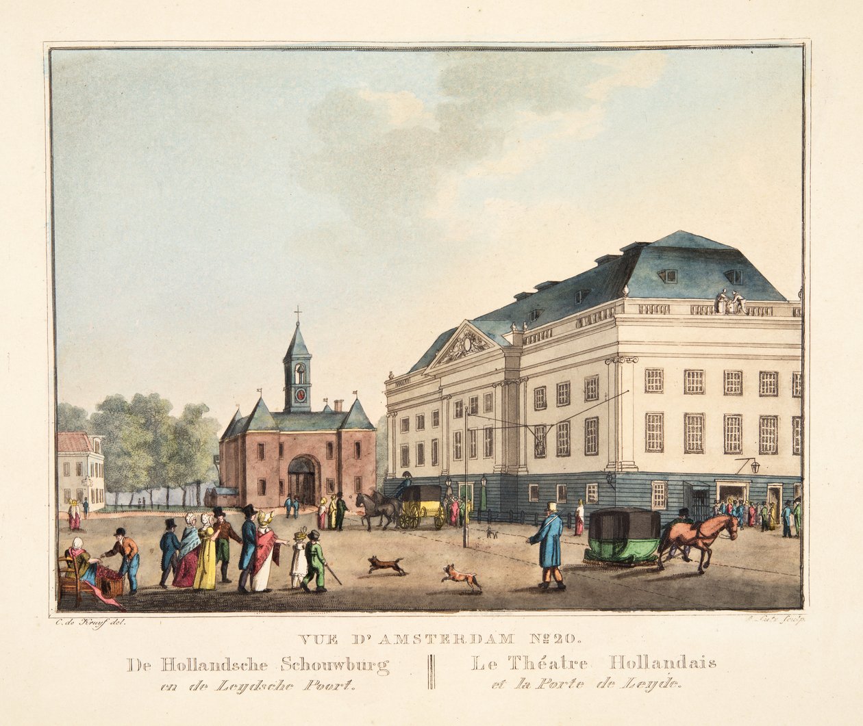 Näkymä Amsterdamiin nro 20. De Hollandsche Schouwburg ja de Leydsche Poort. Hollantilainen teatteri ja Leydenin satama, 1825 (käsinvärinen kaiverrus) tekijältä Cornelis de Kruyff