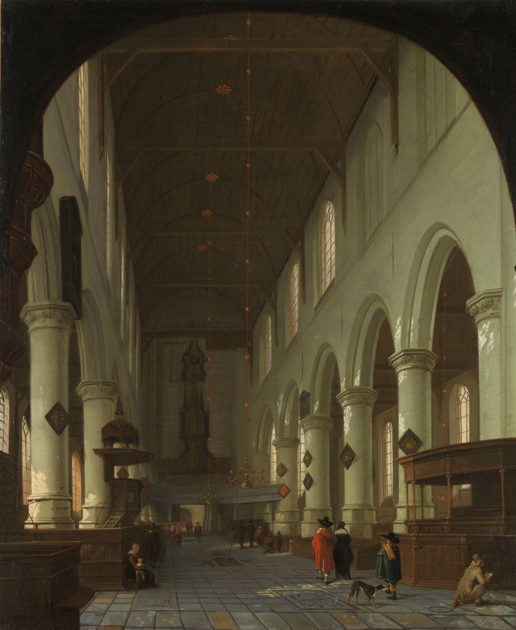 Delftin Oude Kerkin sisätilat kuorosta kohti portaalia tekijältä Cornelis de Man (attributed to)