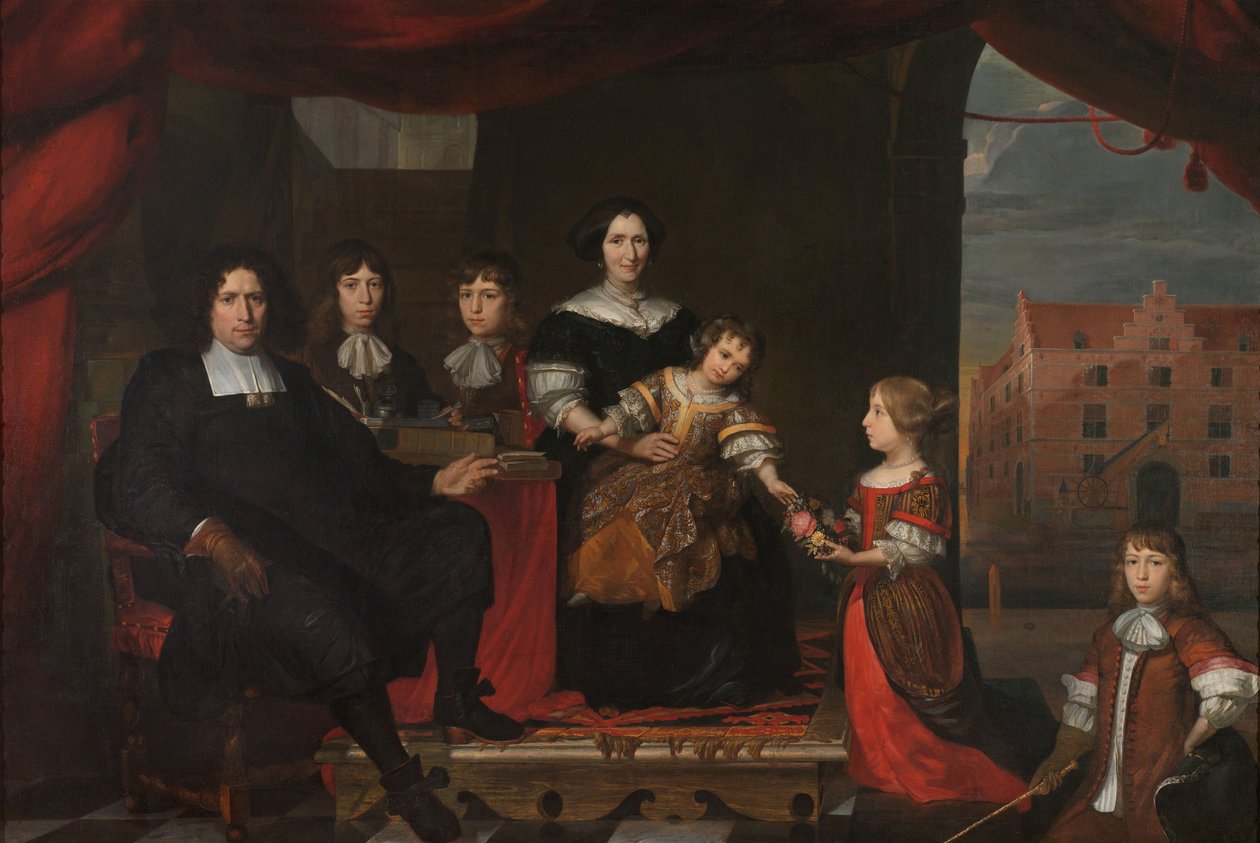 Reyer Reyersz van der Burch (1630-1695), Delftin kenraaliarsenaalin ampumatarvike upseeri vaimonsa Geertruid Graswinckelin ja heidän lastensa Frankin, Corneliksen, Reyerin, Marian ja Alidan kanssa tekijältä Cornelis de Man (attributed to)