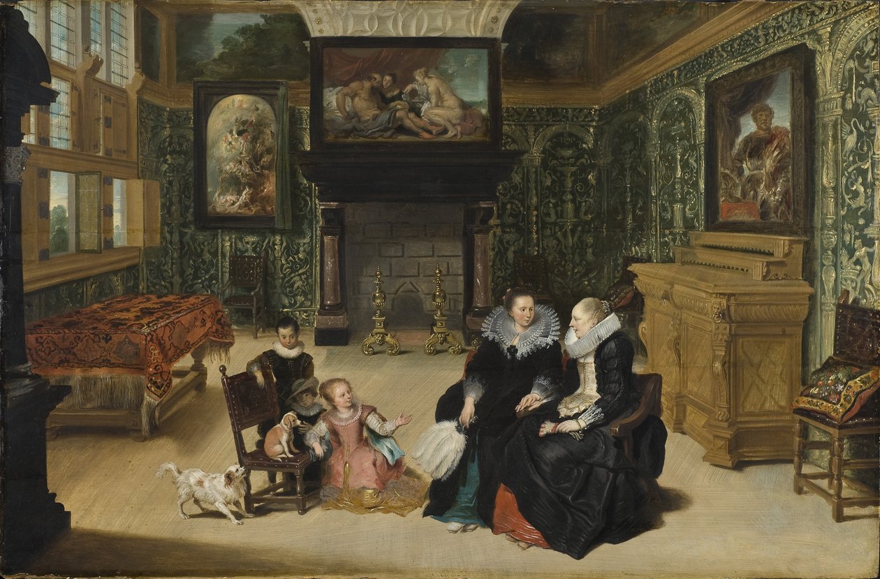 Sisustus, nimeltään "Rubensin salonki", kirjoittanut Vos, Cornelis de (1584-1651). Öljy puulle. Mitat: 75 x 115 cm. Tukholman kansallismuseo tekijältä Cornelis de Vos