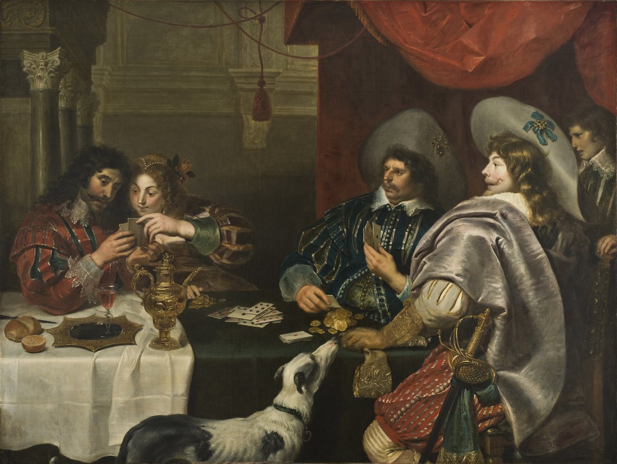 The Card Game - The Card Game, kirjoittanut Vos, Cornelis de (1584-1651). Öljy kankaalle. Koko: 171x228 cm. Tukholman kansallismuseo tekijältä Cornelis de Vos