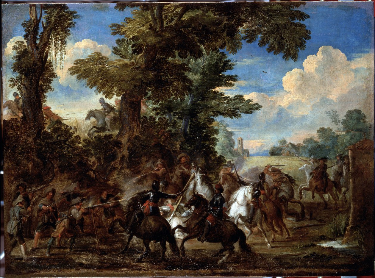 Taistelukohtaus (Taistelukohtaus) Cornelis De Waelin (1592-1667) maalaus (ec flam) Dim 75x100 cm Genes, Musei di Strada Nuova (ex Palazzo Bianco) tekijältä Cornelis de Wael