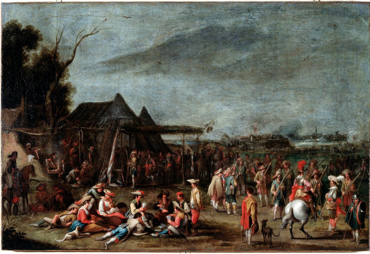 Bivouac de soldats (sotilaiden bivouac) Cornelis De Waelin (1592-1667) maalaus 1600-luvun koko 50x75 cm Genes, Musei di Strada Nuova (ex Palazzo Bianco) tekijältä Cornelis de Wael