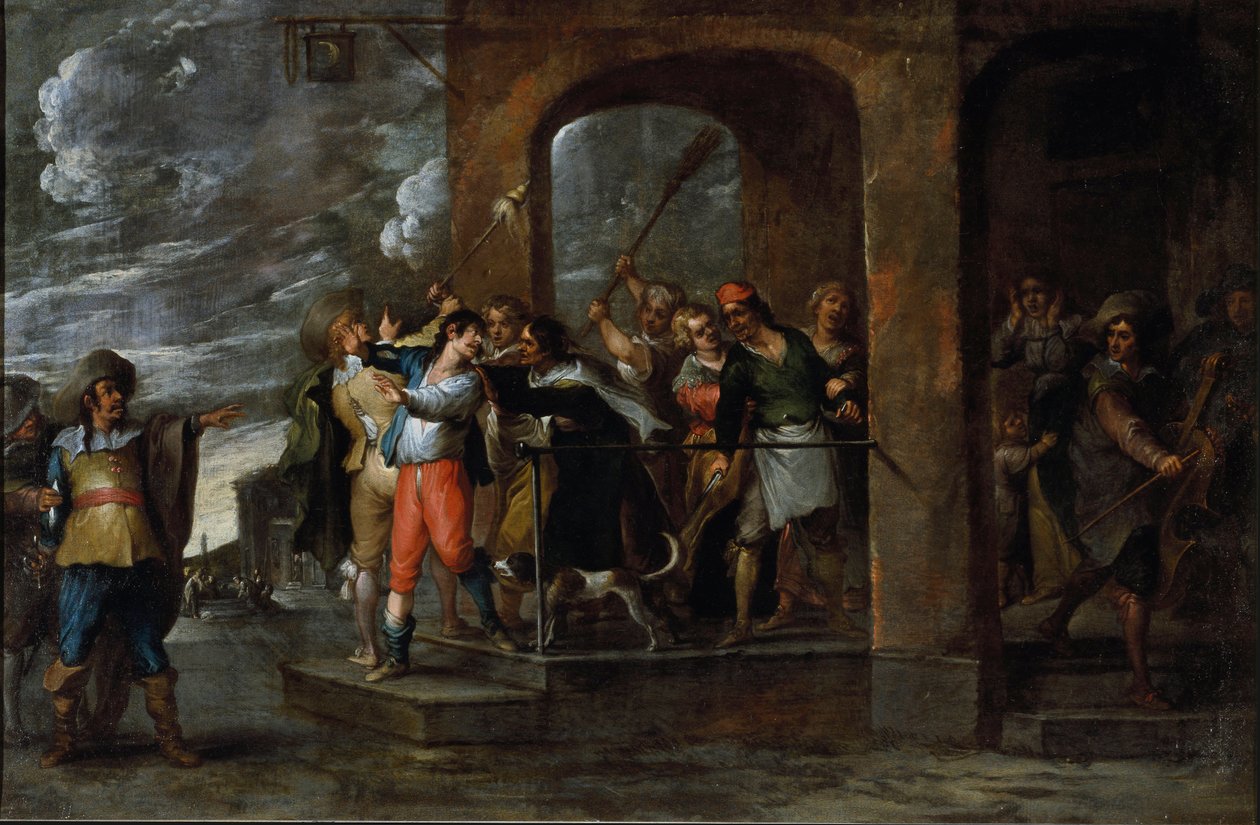 Tuhlaajapojan historia: karkotus. Cornelis De Waelin (1592-1667) maalaus, noin 1630-1639. flaamilaista taidetta. Öljy kankaalle. Mitat: 57 x 86 cm. Geenit, Privee Collection. tekijältä Cornelis de Wael