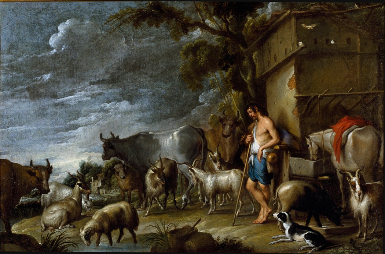 Cornelis De Waelin (1592-1667) maalaus, noin 1630-1639. flaamilaista taidetta. Tarina tuhlaajapojasta: sikojen vartija. Laumanpitäjä sian, veljen, vuohen, lehmän, vuohen, hevosen, koiran ja lampaiden kanssa. Öljy kankaalle. Mitat: 57 x 86 cm. Yksityinen ko tekijältä Cornelis de Wael