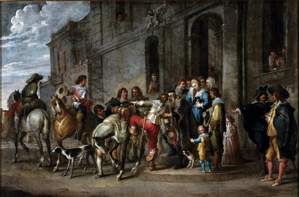 Raamatun vertaus: ""Tuhlaajapojan lähtö"" Cornelis De Waelin (1592-1667) maalaus (ec.flam.) 1630-1639 Dim. 57x86 cm Geenit, yksityinen kokoelma tekijältä Cornelis de Wael