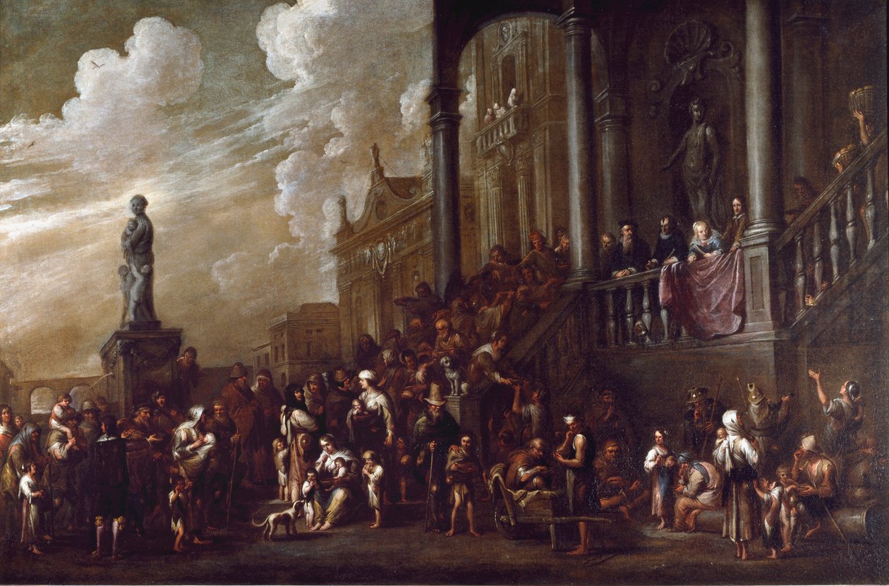 Bodyly misericorden seitsemän teosta: "" antaa ruokaa nälkäisille"" Cornelis De Waelin (1592-1667) maalaus (ec.flam) Genes, kokoelma Banco di Chiavari tekijältä Cornelis de Wael