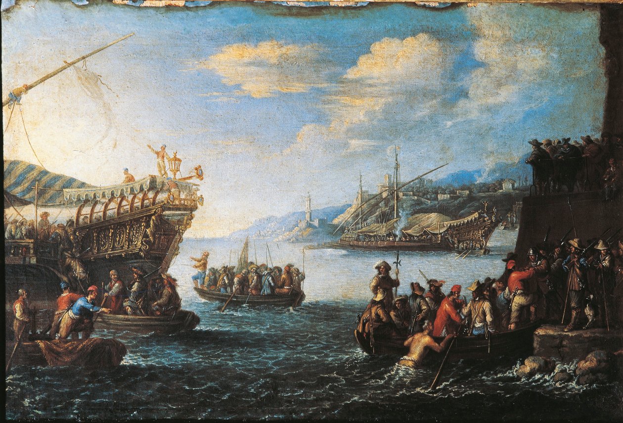 Joukkojen nousu kaleerille Genovan satamassa tekijältä Cornelis de Wael