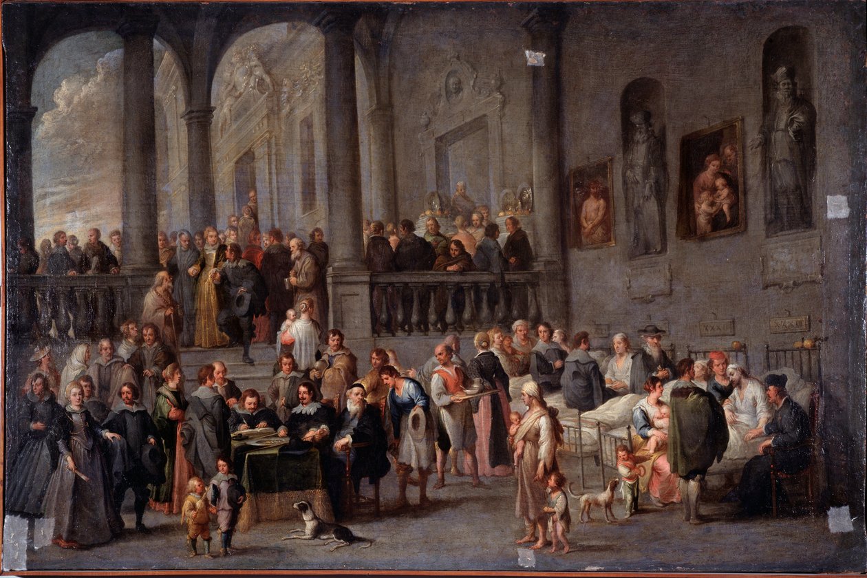 "Vieraile sairaiden ihmisten luona" Cornelis De Waelin (1592-1667) maalaus (ec flam) vuoden 1625 jälkeen Dim 100x150 cm Genes, Musei di Strada Nuova (entinen Palazzo Bianco) tekijältä Cornelis de Wael