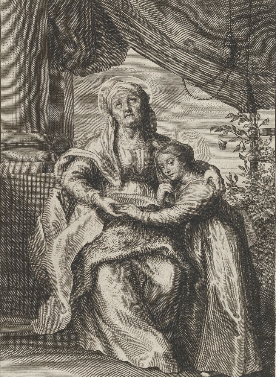 Neitsyen koulutus, jossa pyhä Anna istuu penkillä ja katsoo ylöspäin ja ..., n. 1645-78. tekijältä Cornelis van Caukercken
