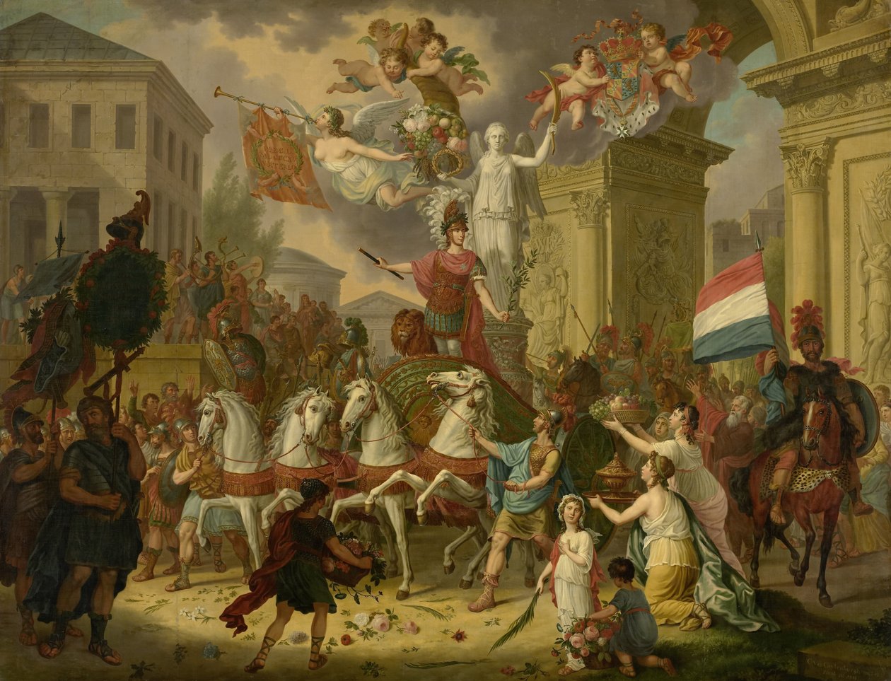 Allegoria oranssin prinssin, tulevan kuninkaan Willem II:n voittokulkueesta Waterloon sankarina, 1815 tekijältä Cornelis van Cuylenburgh (II) (signed by artist)