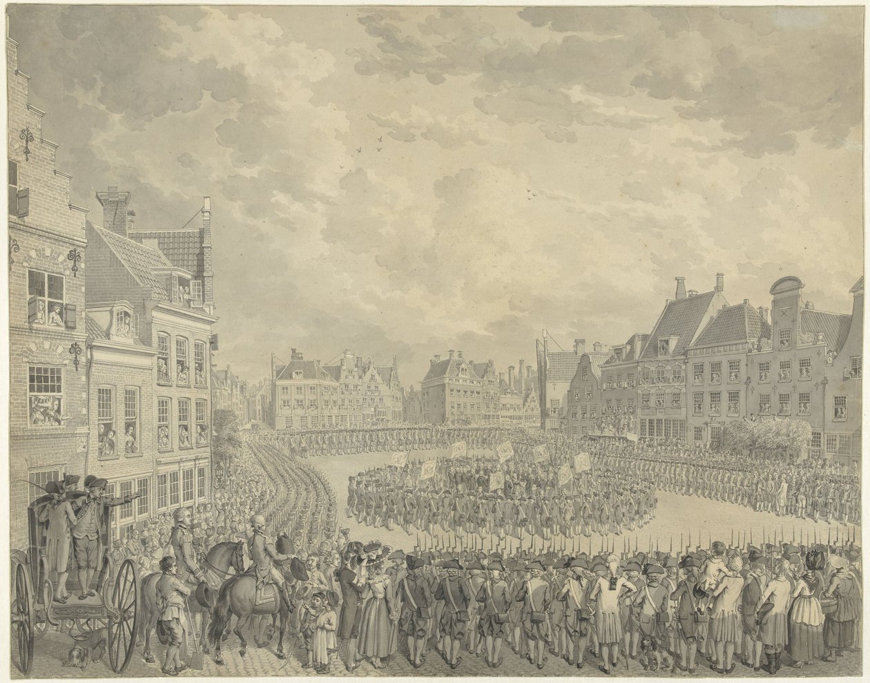 Utrechtin Neude-joen tykkimiesten virkavalansa komissaarien neuvostossa, 1786 tekijältä Cornelis van Cuylenburgh (II) (signed by artist)
