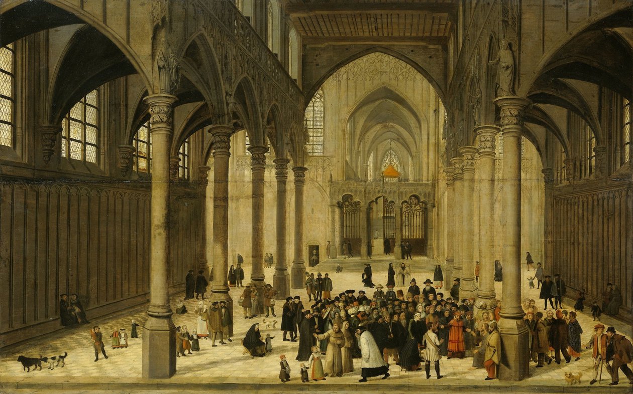 Kirkon sisätilat Kristuksen kanssa saarnaamassa seurakunnalle tekijältä Cornelis van Dalem (attributed to)