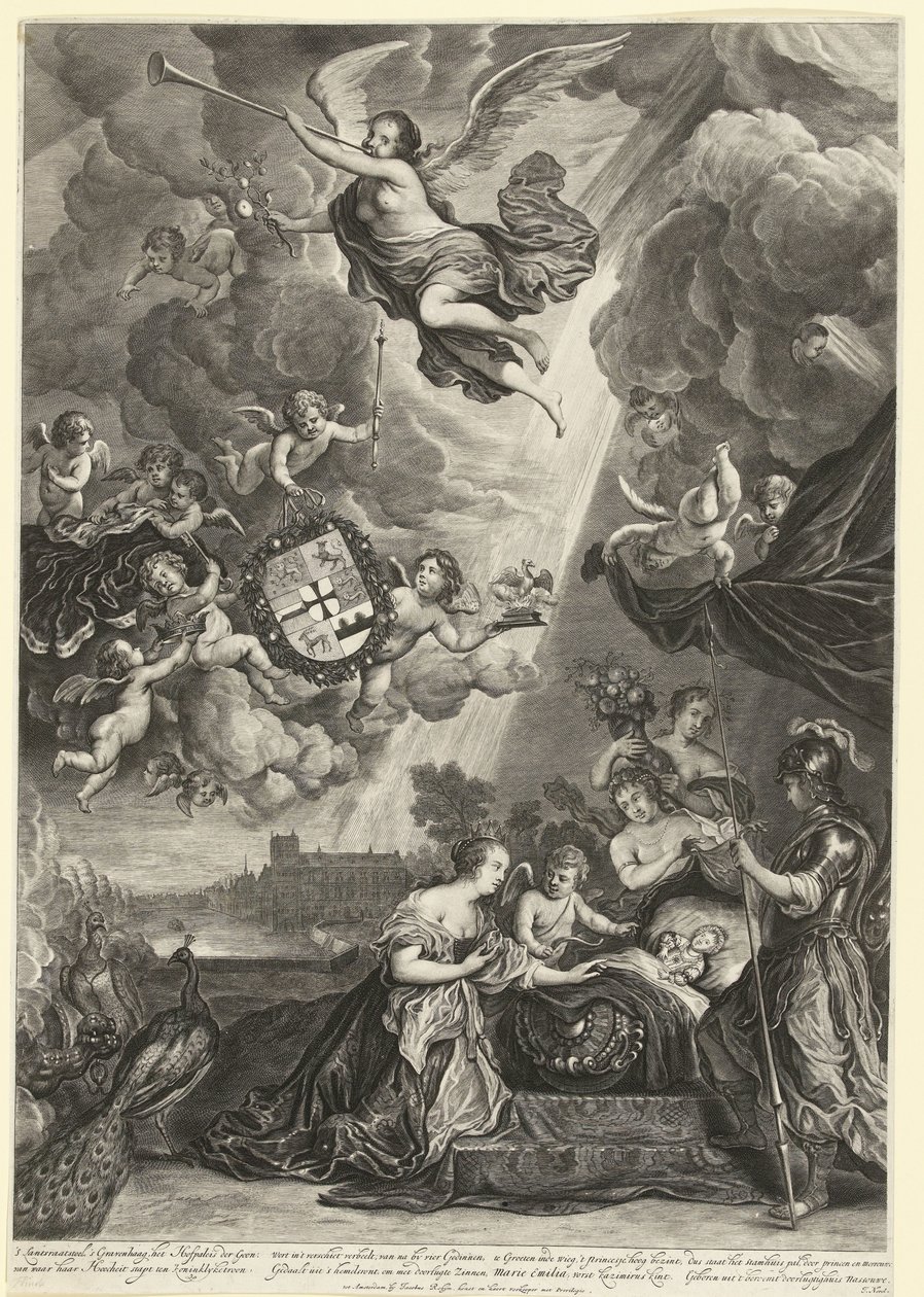 Allegoria prinsessa Maria Amalian, Hendrik Casimirin tyttären, syntymästä, 1689 tekijältä Cornelis van Dalen (II)