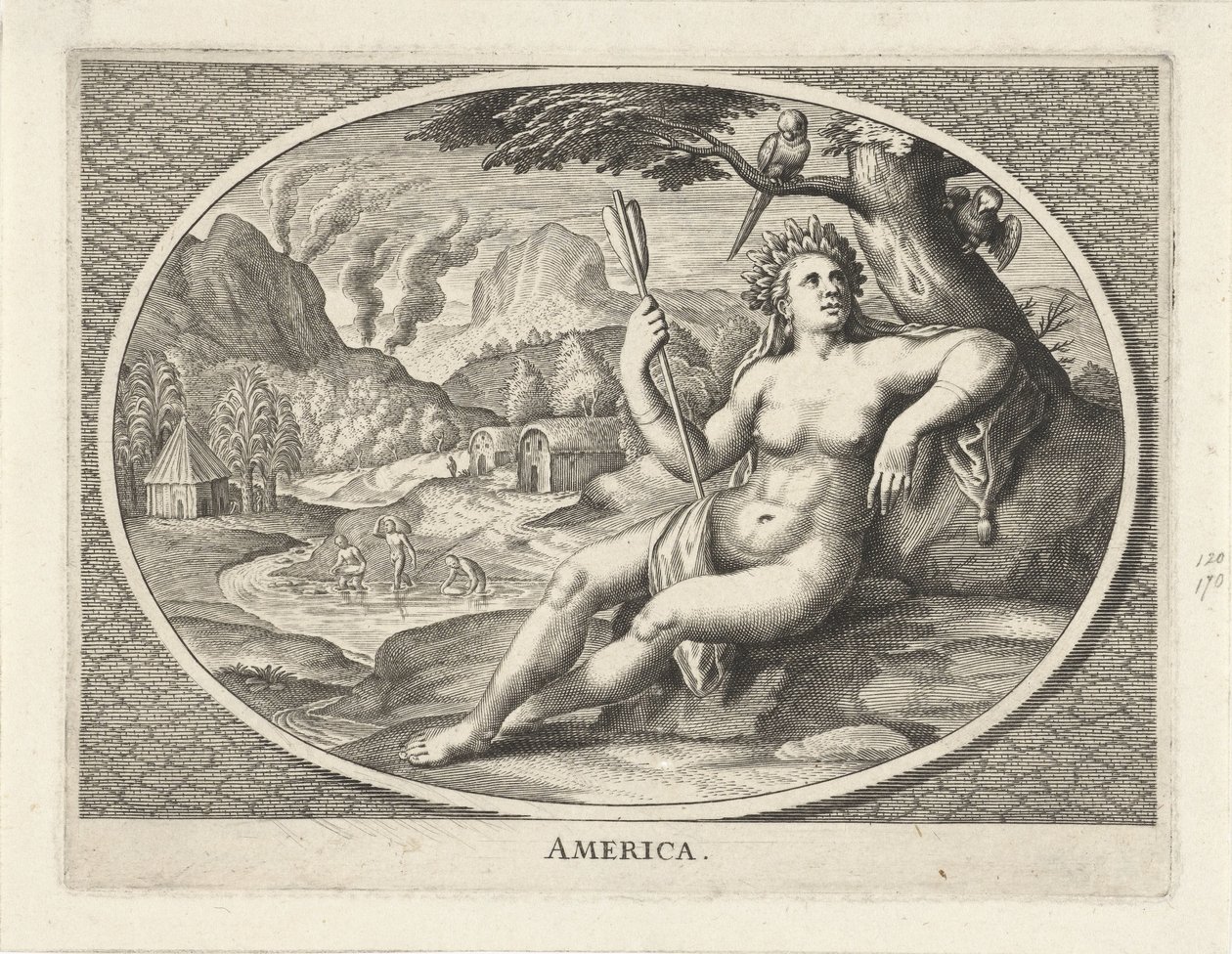 Manner-Amerikan naispuolinen personifikaatio naisena, jolla on höyhenpäähine ja nuoli maisemassa Amerikka (otsikko esineessä) tekijältä Cornelis van Dalen (II)