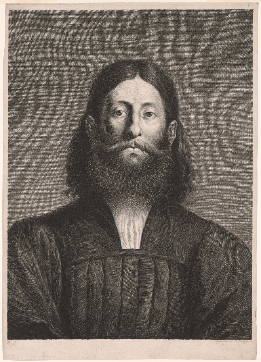 Portrait of a Bearded Man (ns. Giorgionen muotokuva), Cabinet Reynstistä; Variarum imaginum a celeberrimis artificibus pictarum Caelaturae (Cabinet Reynst: Kaiverrukset kuuluisien taiteilijoiden maalaamista erilaisista kuvista). tekijältä Cornelis van Dalen II