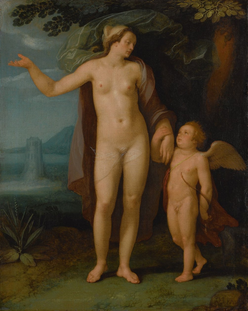 Hollanti: Venus en Cupido Venus ja Amor maisemassa tekijältä Cornelis van Haarlem