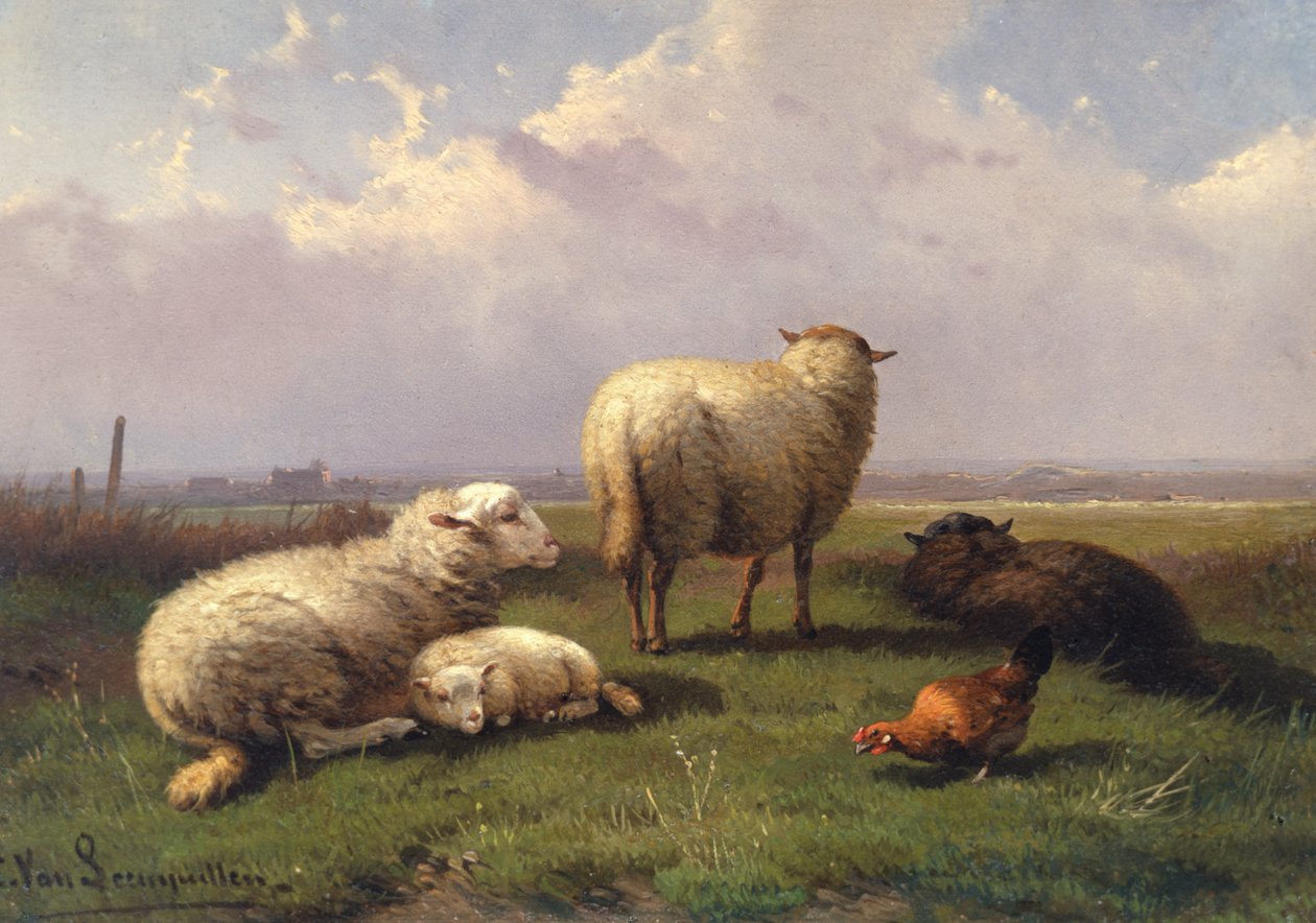 Lampaat torkkumassa laitumella, 1800-luku tekijältä Cornelis van Leemputten