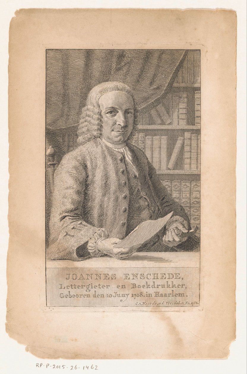 Johannes Enschedén muotokuva Joannes Enschede, tyyppiperustaja ja kirjapaino (nimi esineessä) tekijältä Cornelis van Noorde