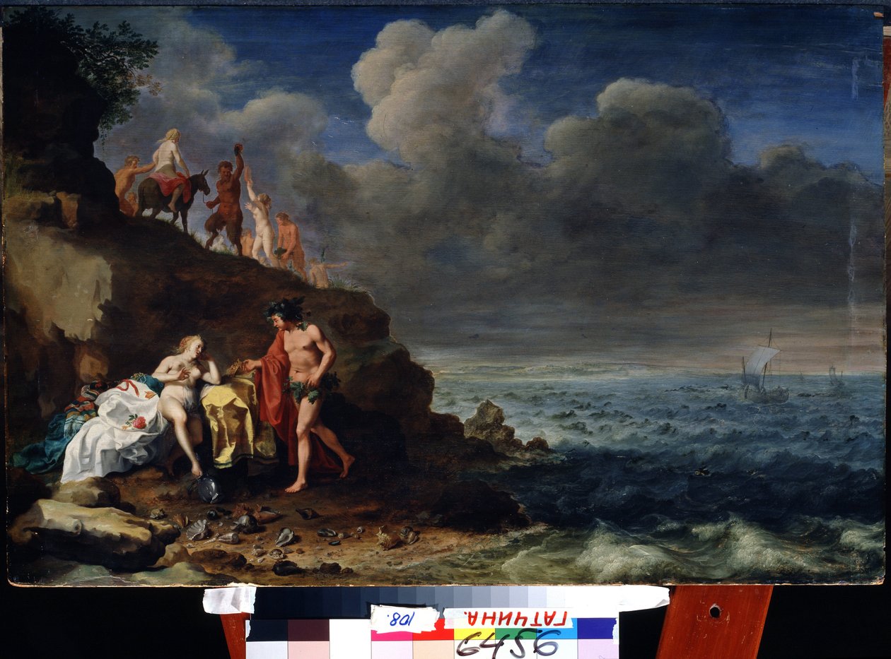 Dionysos ja Ariadne Naxoksen saarella. (Bacchus ja Ariadne Naxoksen saarella). Cornelis Van Poelenburghin maalaus (1594/95-1667) Öljy puulle. Hollantilaista barokkityylistä taidetta. Valtion ulkoilmamuseo Pavlovsk Palace, Pietari. tekijältä Cornelis van Poelenburgh