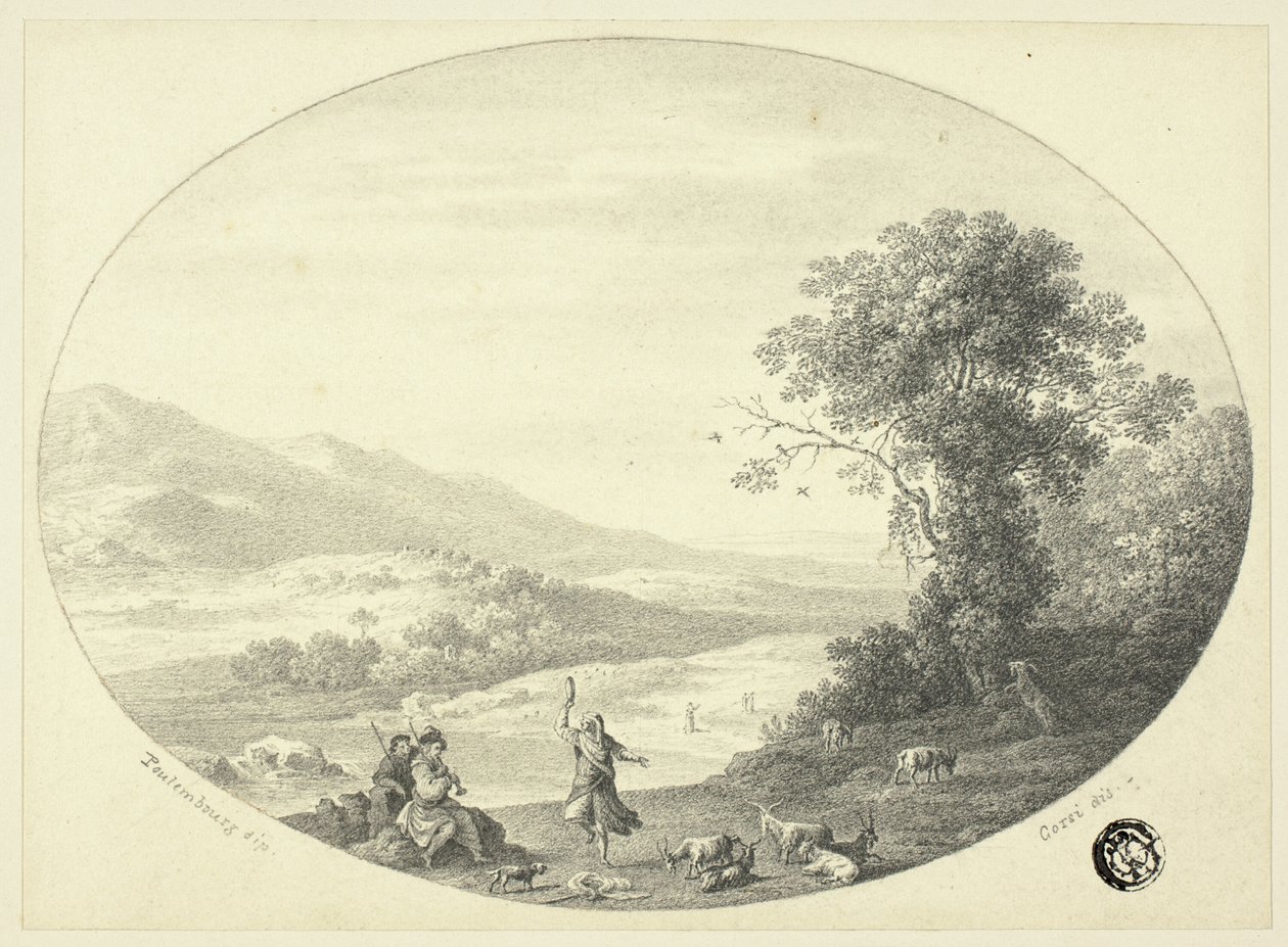 Italialainen maisema tanssijan, muusikoiden ja vuohien kanssa tekijältä Cornelis van Poelenburgh