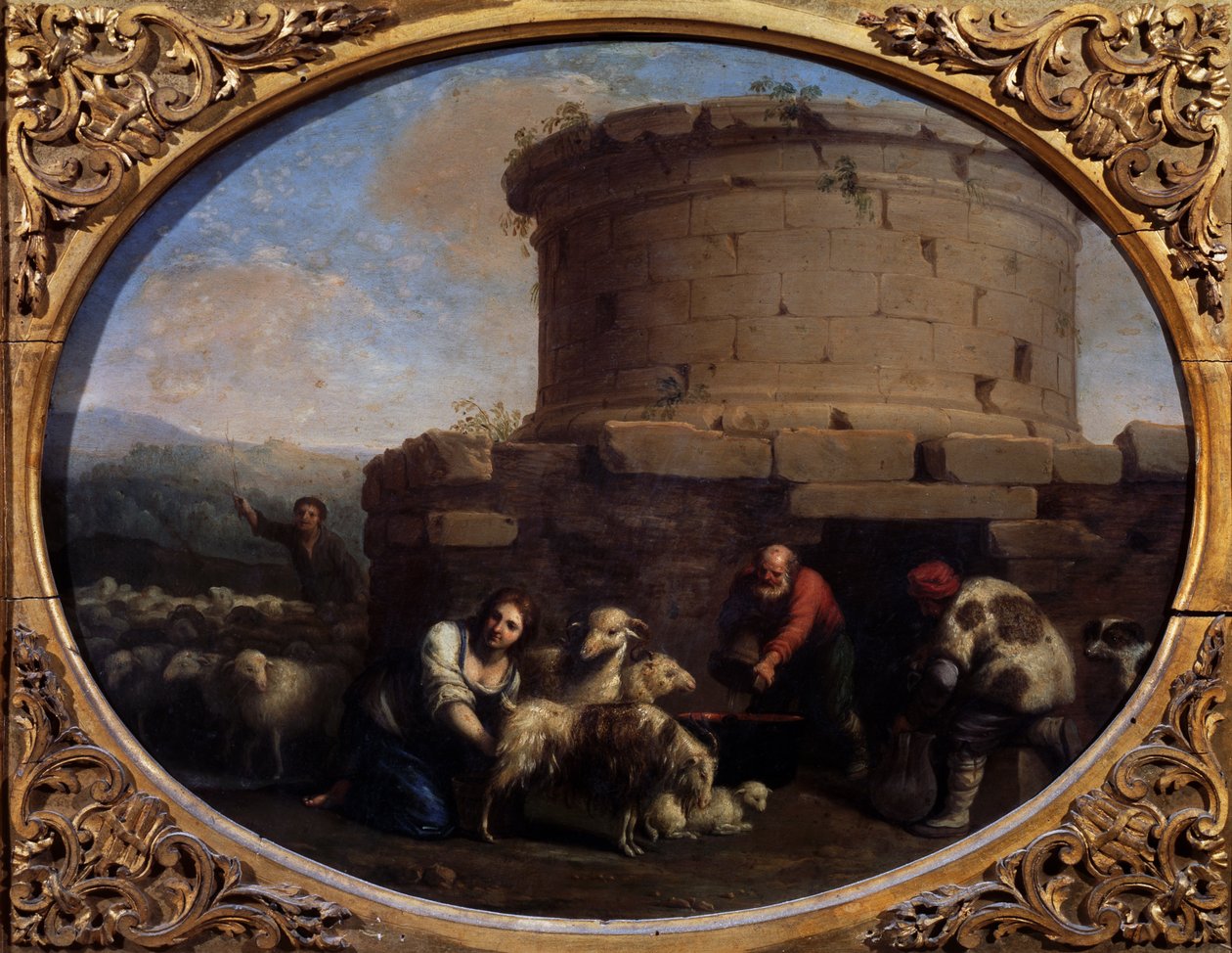 Paimenet, karjat ja maanviljelijät suihkulähteellä Roomassa (öljy kankaalle) tekijältä Cornelis van Poelenburgh