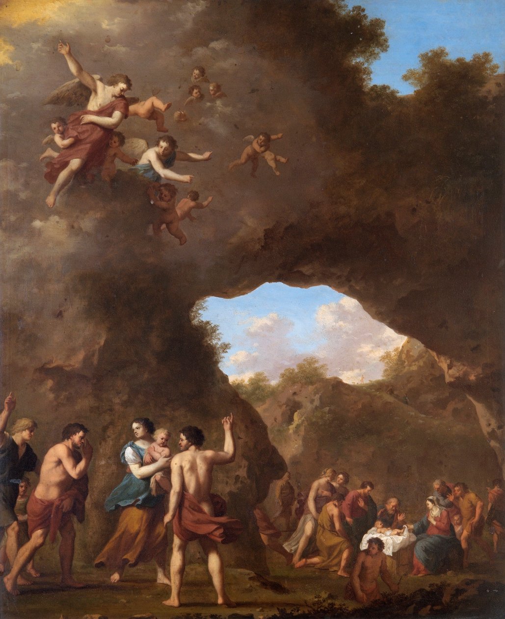 "Enkelit ohjaamassa paimenia syntymälle", 1600-luku tekijältä Cornelis van Poelenburgh